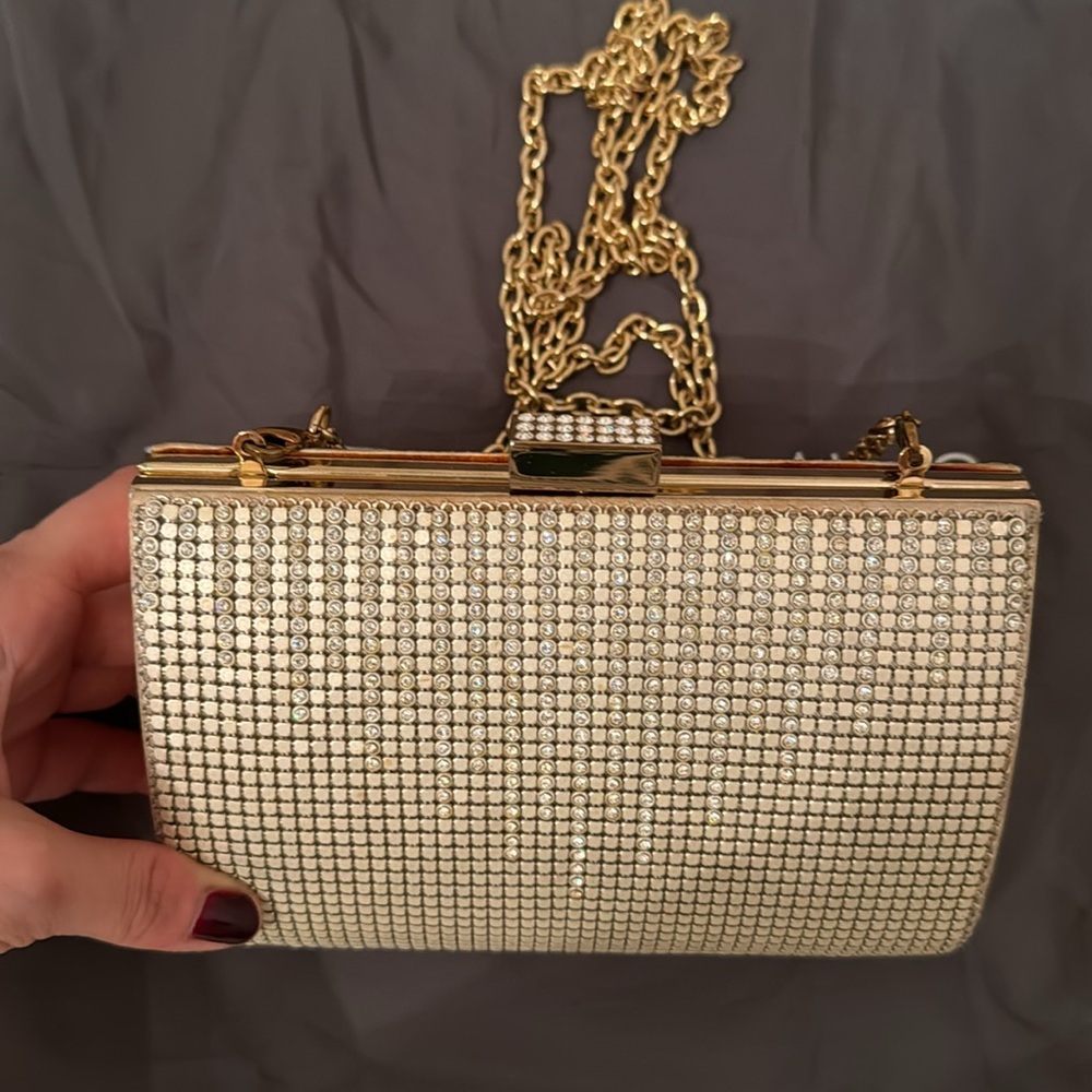 Whiting & Davis gold and crystal clutch bag